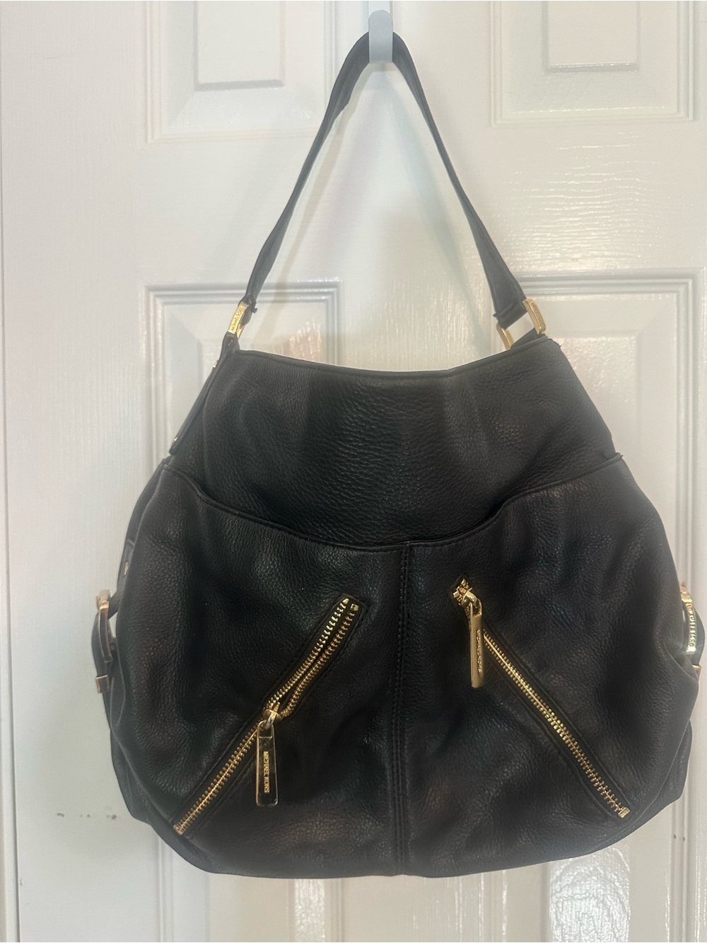 Michael Kors Black Pebbled Leather Hobo Shoulder Bag with Gold Hardware